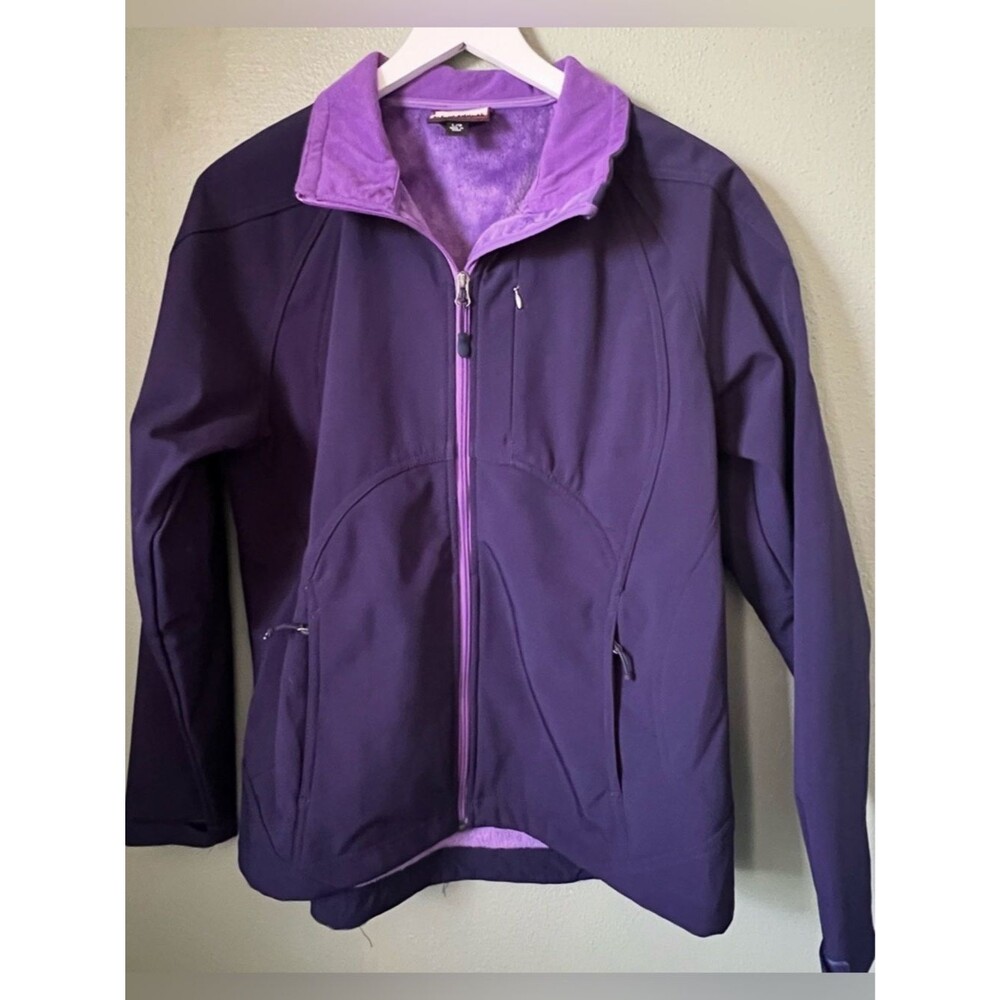 Double Diamond Rain Jacket. Navy blue with soft, purple lining. Size large.